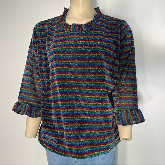 The Tiny Tassel Rainbow Shimmer Striped Ruffle Sleeve and Collar Top Size XL - Picture 2 of 9